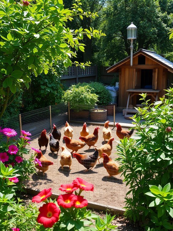 chickens roaming among plants