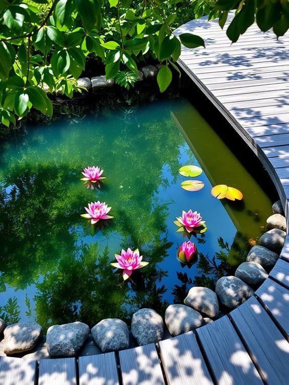 deck surrounding a pond