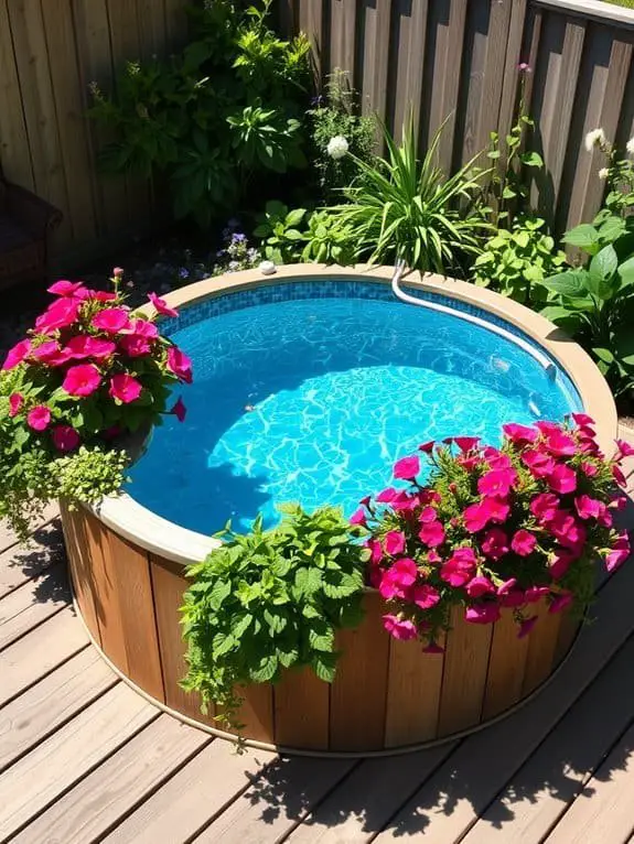 lush planters encircle tranquil pool