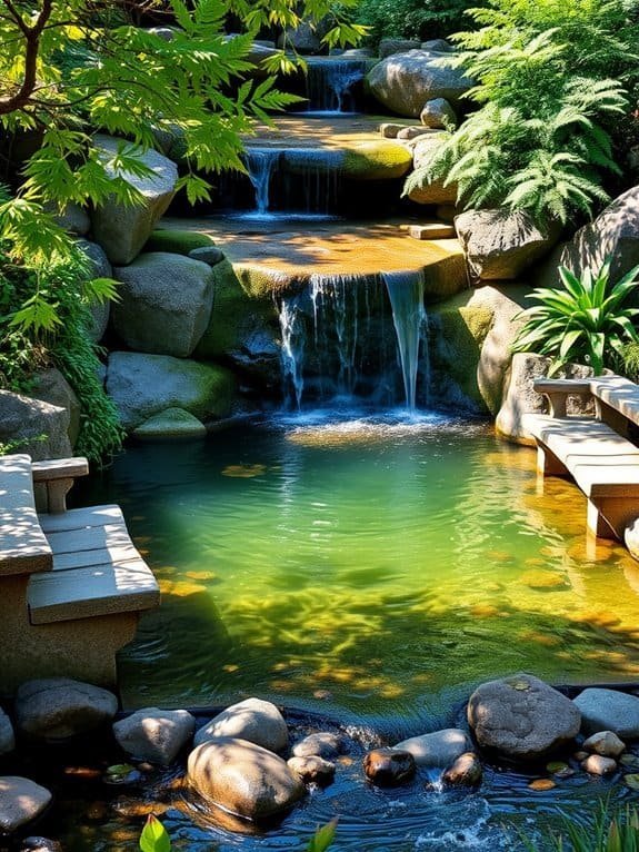 stone benches by waterfall