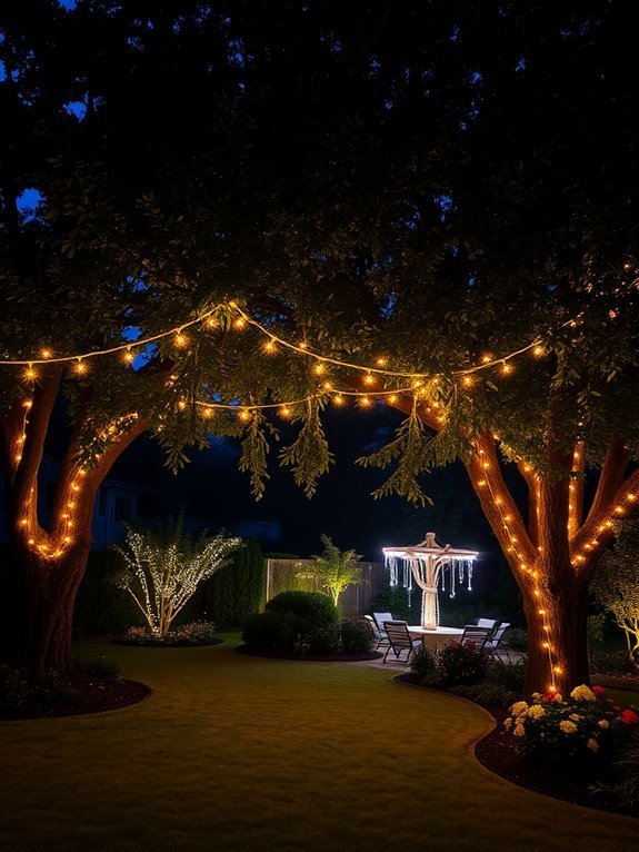 twinkling lights adorning trees